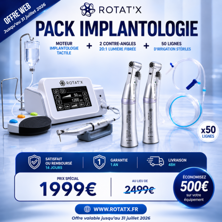 OFFRE Moteur d'implantologie LUMIÈRE fibrée + 2 contre-angles 20:1 fibrés + 50 lignes d'irrigation stériles